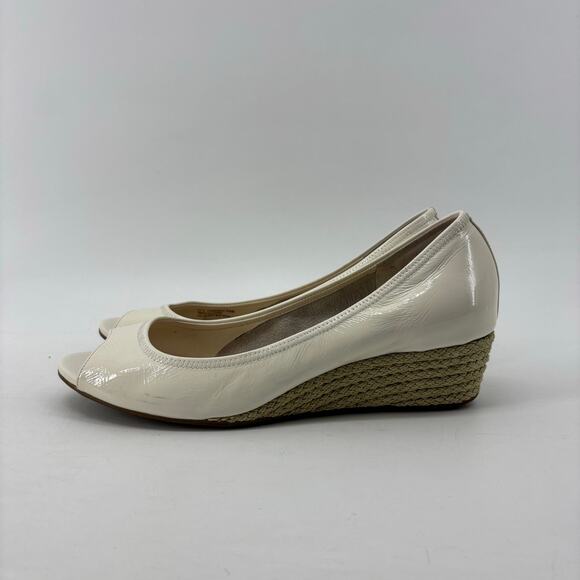 Cole Haan Air Tali Peep Toe Wedge Ivory Patent Leather Espadrille Sole - Picture 11 of 15